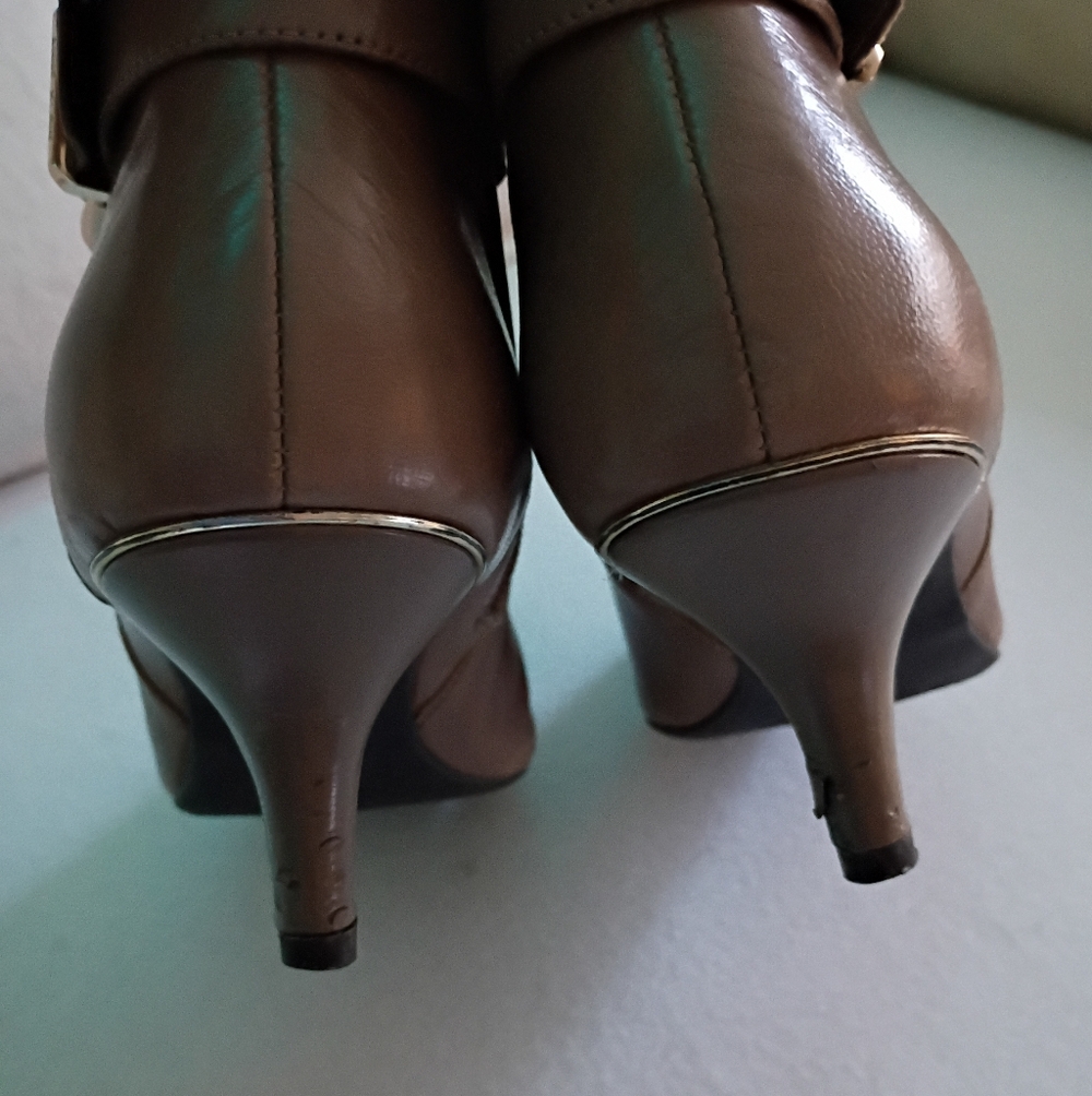 Anne Klein Brown Leather Ankle Booties with Gold Buckle - Picture 9 of 11
